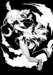 Rule 34 | 1girl, black background, cloud, crescent moon, frilled sleeves, frills, fukushima masayasu, greyscale, hatching (texture), head wings, highres, japanese crested ibis (kemono friends), kemono friends, medium hair, monochrome, moon, open mouth, outline, pantyhose, simple background, solo, white outline, wings