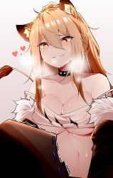 Rule 34 | 1girl, 1other, absurdres, animal ears, arknights, bare shoulders, black choker, breasts, brown eyes, brown hair, choker, cleavage, doctor (arknights), grin, hair between eyes, heart, heart-shaped pupils, highres, large breasts, lion ears, lion girl, lion tail, long hair, looking at another, navel, parted lips, ponytail, samip, siege (arknights), smile, solo focus, strap slip, studded choker, sweat, symbol-shaped pupils, tail, tank top, upper body, white tank top