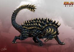 Rule 34 | absurdres, anguirus, artist name, black scales, black sclera, black skin, blue eyes, colored sclera, colored skin, commentary, creature, curled tusks, digitigrade, dinosaur, english text, fangs, giant, giant monster, godzilla (series), gugenheim98, highres, horns, kaijuu, looking to the side, monster focus, nostrils, open mouth, redesign, scales, sharp teeth, simple background, solo, spiked shell, spiked tail, spikes, tail, teeth, toho, turning head, tusks