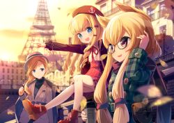 Rule 34 | 3girls, :d, azur lane, belt, beret, bespectacled, black-framed eyewear, blazer, blonde hair, blue eyes, blurry, blush, boots, bow, bridge, brown footwear, building, closed mouth, cloud, commentary request, cup, depth of field, drill hair, eiffel tower, english text, fang, glasses, green shirt, hair between eyes, hair bow, hat, high-waist skirt, highres, hood (azur lane), jacket, lamppost, leaf, lens flare, long hair, long sleeves, looking at another, looking at viewer, maple leaf, multiple girls, open mouth, outdoors, outstretched arm, pantyhose, paris, plaid, plaid shirt, pointing, purple eyes, queen elizabeth (azur lane), railing, red bow, red skirt, shirt, sidelocks, sitting, skin fang, skirt, sky, smile, sunset, taharu kousuke, turtleneck, v-shaped eyebrows, warspite (azur lane), white legwear, white shirt