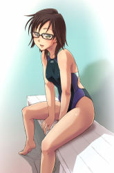 Rule 34 | 1girl, barefoot, bench, brown eyes, brown hair, competition swimsuit, e20, glasses, houzumi satsuki, one-piece swimsuit, original, short hair, sitting, solo, swimsuit