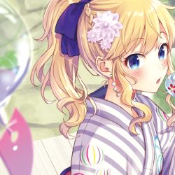 Rule 34 | 1girl, bekkourico, blonde hair, blue eyes, blue ribbon, blush, braid, breasts, commentary request, earrings, from side, hair ornament, idolmaster, idolmaster cinderella girls, japanese clothes, jewelry, kimono, long hair, looking at viewer, ohtsuki yui, open mouth, ponytail, ribbon, solo, wavy hair, yukata