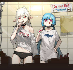 Rule 34 | 2girls, :t, black choker, black panties, blue hair, breasts, brushing teeth, choker, clothes writing, commentary request, cross, cross choker, earrings, eating, elf, english text, failure, gogalking, hand on own hip, highres, jewelry, korean commentary, licking lips, long hair, low twintails, mirror image, multiple girls, original, pale skin, panties, pink eyes, pointy ears, ponytail, red eyes, sign, silver hair, sleepy, slit pupils, small breasts, tongue, tongue out, toothbrush, twintails, underwear, very long hair