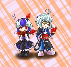 Rule 34 | 1boy, 1girl, ahoge, bird wings, blue hair, blush, blush stickers, book, boots, bow, chocolate, glasses, head wings, heart, horns, long sleeves, morichika rinnosuke, multicolored hair, pouch, red eyes, short hair, slaugher-ownmind, smile, tokiko (touhou), touhou, two-tone hair, white hair, wings, yellow eyes