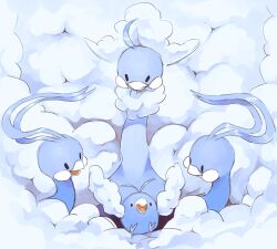 Rule 34 | altaria, animal focus, bird, black eyes, closed mouth, cloud, commentary, creatures (company), cuddling, english commentary, evolutionary line, fluffy, game freak, gen 3 pokemon, happy, happyds, looking at another, mega altaria, mega pokemon, messy lineart, nintendo, no humans, open mouth, pokemon, pokemon (creature), sketch, smile, solid oval eyes, swablu, tongue