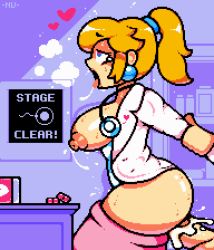 Rule 34 | 1boy, 1girl, arm held back, artist name, blonde hair, blue eyes, bottle, breasts, breasts out, breath, clothed sex, clothes pull, coat, container, cum, desk, doctor, dr. mario (game), dr. mario world, dr. peach, drooling, earrings, english text, erection, eyelashes, fertilization, flying sweatdrops, from side, hair tie, half-closed eye, heart, heart-shaped pupils, heart print, heavy breathing, hetero, high ponytail, indoors, jewelry, lab coat, large breasts, large penis, lips, long sleeves, mario (series), neonvanta, nintendo, nipples, official alternate costume, open clothes, open coat, open mouth, ovum, penis, pill, pink coat, pink lips, pink skirt, pixel art, ponytail, princess peach, puffy nipples, sex, sex from behind, shiny skin, shirt, silhouette, skirt, skirt pull, solo focus, sperm cell, standing, standing sex, stethoscope, sweat, symbol-shaped pupils, tearing up, thick thighs, thighs, tongue, tongue out, white shirt