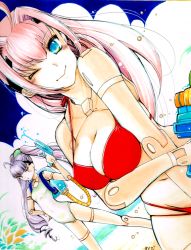 Rule 34 | 10s, 2girls, ach, alternate costume, artist request, beach, bikini, breasts, busou shinki, cleavage, doll joints, gradient background, joints, large breasts, light purple hair, multiple girls, one-piece swimsuit, one eye closed, pink hair, red bikini, small breasts, swimsuit, water gun, yda