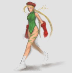 Rule 34 | 1girl, abs, ahoge, antenna hair, bare legs, bare shoulders, beret, blonde hair, blue eyes, braid, cammy white, camouflage, capcom, endokun, fingerless gloves, gloves, hat, image sample, leotard, signature, solo, street fighter, street fighter iv (series), twin braids, unfinished