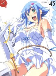 Rule 34 | 00s, angel, angel of light nanael, angel wings, artbook, asymmetrical wings, bare shoulders, blue hair, blush, boots, elbow gloves, gloves, green eyes, highres, kuuchuu yousai, miniskirt, nanael (queen&#039;s blade), nanael (queen's blade), open mouth, panties, polka dot, polka dot panties, queen&#039;s blade, scan, short hair, skirt, solo, sword, thighhighs, underwear, weapon, wings