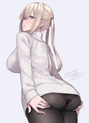 Rule 34 | 1girl, alternate costume, artist name, ass, black pantyhose, blonde hair, blush, breasts, cowboy shot, dated, graf zeppelin (kancolle), grey background, hair between eyes, highres, kantai collection, large breasts, long hair, long sleeves, open mouth, pantyhose, purple eyes, rokuwata tomoe, sidelocks, simple background, solo, sweater, twintails, twitter username, white sweater
