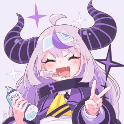Rule 34 | 1girl, alternate costume, anger vein, ascot, black horns, bottle, braid, braided bangs, collar, fang, grey hair, highres, hololive, horns, la+ darknesss, la+ darknesss (1st costume), liquid-in-glass thermometer, long hair, metal collar, multicolored hair, otsuri 8yen, pointy ears, purple hair, skin fang, streaked hair, striped horns, thermometer, tongue, tongue out, v, virtual youtuber, water bottle, yellow ascot