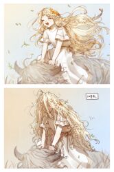 Rule 34 | 1boy, :d, ^ ^, androgynous, animal, before and after, blonde hair, braid, closed eyes, cropped legs, donar0217, dress, elden ring, falling leaves, grey fur, head wreath, leaf, long hair, messy hair, miquella (elden ring), multiple braids, open mouth, riding, riding animal, shaded face, smile, tiara, torrent (elden ring), trap, wavy hair, white dress