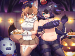Rule 34 | 2girls, :d, animal ear fluff, animal ears, aqua eyes, bandeau, bare shoulders, black legwear, bow, bowtie, breasts, brown eyes, cartoon bone, cerberus (kemono friends), cleavage, collar, cookie, dhole (kemono friends), dog ears, dog girl, dog tail, elbow gloves, fang, fingerless gloves, food, gloves, halloween, hat, highres, holding, holding plate, jack-o&#039;-lantern, kemono friends, large breasts, light brown hair, micro shorts, midriff, miniskirt, mo23, multiple girls, navel, open mouth, pantyhose, plate, pumpkin, purple hair, scar, scar across eye, scar on face, shirt, short hair, shorts, skirt, sleeveless, sleeveless shirt, smile, spiked collar, spikes, strapless, tail, thigh strap, thighhighs, tube top, twintails, underboob, white gloves, witch hat, zettai ryouiki