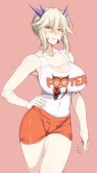 Rule 34 | 1girl, 846-gou, absurdres, artoria pendragon (fate), artoria pendragon (lancer alter) (fate), bare shoulders, blonde hair, blush, braid, breasts, cleavage, collarbone, fate/grand order, fate (series), french braid, hair between eyes, highres, hooters, horns, large breasts, long hair, looking at viewer, orange shorts, short shorts, shorts, sidelocks, solo, tank top, thighs, white tank top, yellow eyes