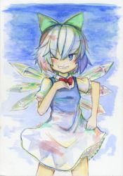 Rule 34 | blush stickers, cirno, grin, highres, luft, one eye closed, smile, solo, touhou, touhou hisoutensoku, wink