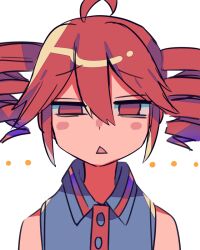 Rule 34 | 1girl, :&lt;, ahoge, blush stickers, collared shirt, commentary request, drill hair, hair between eyes, jitome, kasane teto, looking at viewer, open mouth, red eyes, red hair, shirt, sleeveless, sleeveless shirt, solo, straight-on, triangle mouth, twin drills, utau, yuusuke-kun