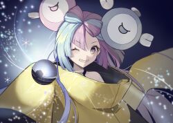 Rule 34 | 1girl, bad id, bad pixiv id, blush, character hair ornament, commentary, creatures (company), game freak, green hair, grin, hair ornament, highres, holding tera orb, iono (pokemon), jacket, long hair, looking at viewer, multicolored hair, nintendo, one eye closed, pokemon, pokemon sv, purple eyes, purple hair, rcs 4, sharp teeth, smile, solo, symbol-only commentary, teeth, tera orb, two-tone hair, upper body, yellow jacket