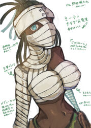 Rule 34 | absurdres, bandaged chest, bandaged leg, bandaged neck, bandages, bandages over mouth, black hair, blue eyes, breasts, camouflage, camouflage pants, ciel. (saly 08312), dark-skinned female, dark skin, dreadlocks, highres, large breasts, looking at viewer, midriff, mira kniges, navel, nurse, pants, soul eater, translation request