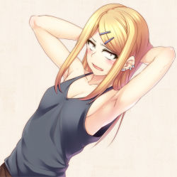 Rule 34 | 10s, 1girl, 846-gou, armpits, arms behind head, arms up, bad id, bad pixiv id, blonde hair, blush, breasts, brown eyes, collarbone, dagashi kashi, ear piercing, earrings, endou saya, fang, hair ornament, hairclip, jewelry, long hair, looking at viewer, open mouth, piercing, sanpaku, small breasts, solo, sweat, tank top