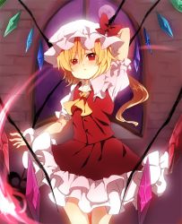 Rule 34 | 1girl, :&lt;, amaya enaka, arm up, ascot, blonde hair, bow, crystal, female focus, flandre scarlet, frilled skirt, frills, full moon, hat, hat bow, looking at viewer, moon, night, red eyes, red moon, short hair, short sleeves, side ponytail, skirt, slit pupils, solo, embodiment of scarlet devil, touhou, window, wings