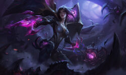Rule 34 | 1girl, armor, attack, blood, blurry, blurry background, bodysuit, breasts, chengwei pan, cleavage, clenched hands, collarbone, covered navel, detached wings, energy beam, facial mark, facial tattoo, feet out of frame, fighting, fighting stance, floating hair, forehead mark, forehead tattoo, highres, kai&#039;sa, league of legends, light, lightning, liquid, long hair, looking to the side, magic, medium breasts, monster, multicolored bodysuit, multicolored clothes, official art, outdoors, outstretched arms, parted lips, plunging neckline, purple blood, purple bodysuit, purple eyes, purple hair, serious, shoulder armor, skin tight, solo, tattoo, thighs, underground, weapon, whisker markings, wings