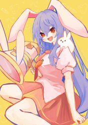 Rule 34 | 1girl, :d, animal, animal ears, animal on shoulder, blush, carrot pin, commentary, feet out of frame, gun, hair between eyes, highres, holding, holding gun, holding weapon, long hair, looking at viewer, lunatic gun, necktie, open mouth, pink shirt, purple hair, rabbit, rabbit ears, rabbit girl, red eyes, red necktie, red skirt, reisen udongein inaba, sabatuki, shirt, short sleeves, sidelocks, simple background, skirt, smile, solo, symbol-only commentary, touhou, very long hair, weapon, yellow background