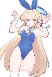Rule 34 | 1girl, animal ears, arms up, bare shoulders, blonde hair, blue archive, blue bow, blue bowtie, blue eyes, blue hair, blue leotard, blush, bow, bowtie, braid, breasts, closed mouth, collar, commentary, groin, hair bow, halo, highres, kujou karasuma, leotard, long hair, looking at viewer, multicolored hair, rabbit ears, simple background, small breasts, solo, strapless, strapless leotard, streaked hair, thighhighs, toki (blue archive), toki (bunny) (blue archive), very long hair, white background, white collar, white thighhighs, wing collar, wrist cuffs