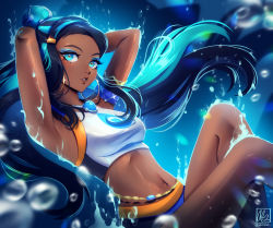 Rule 34 | 1girl, absurdres, air bubble, alina l, armlet, arms behind head, belly chain, bike shorts, bikini, black hair, blue eyes, blue eyeshadow, breasts, bubble, commentary, creatures (company), dark-skinned female, dark skin, earrings, eyeshadow, game freak, hair bun, highres, hoop earrings, jewelry, long hair, makeup, multicolored hair, navel, necklace, nessa (pokemon), nintendo, parted lips, pokemon, pokemon swsh, single hair bun, solo, swimsuit, tankini, two-tone hair, underwater