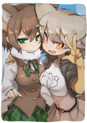 Rule 34 | 10s, 2girls, :d, american flag, bad id, bad pixiv id, black jacket, brown hair, clothes writing, commentary, coyote (kemono friends), coyote (kemono friends) (old design), crop top, dual persona, extra ears, eyes visible through hair, fur collar, gloves, green eyes, grey hair, hair between eyes, highres, jacket, kemono friends, long sleeves, looking at viewer, medium hair, multiple girls, open mouth, orange eyes, pleated skirt, skirt, smile, teranekosu, w, yellow gloves