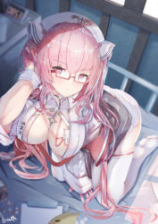 Rule 34 | 1girl, absurdres, all fours, alpha beta, azur lane, blush, breasts, center opening, glasses, gloves, hair ornament, half gloves, hat, highres, id card, large breasts, long hair, looking at viewer, nurse, nurse cap, perseus (azur lane), perseus (unfamiliar duties) (azur lane), pink eyes, pink gloves, pink hair, solo, thighhighs, tucking hair, twintails, very long hair, white hat, white thighhighs