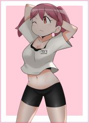 Rule 34 | blouse, cats yone, highres, hinata natsumi, keroro gunsou, long hair, midriff, navel, pink background, red eyes, red hair, shirt, simple background, solo, twintails, white shirt