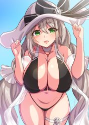 Rule 34 | 1girl, aquila (azur lane), azur lane, bare shoulders, bikini, breasts, choker, cleavage, curvy, garukichi, green eyes, hanging breasts, happy, hat, highres, jewelry, large breasts, legs together, looking at viewer, navel, necklace, official alternate costume, open mouth, see-through, see-through sleeves, smile, solo, sun hat, swimsuit, thick thighs, thigh strap, thighs, twintails, white hair