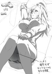 Rule 34 | 1girl, 23 (real xxiii), bracelet, breasts, bullet, couch, covered erect nipples, glock, greyscale, gun, handgun, highres, impossible clothes, impossible shirt, jewelry, knees together feet apart, large breasts, lying, magazine (weapon), miniskirt, monochrome, no bra, on back, open clothes, open shirt, original, panties, pantyshot, pillow, pistol, shirt, skirt, sleeves rolled up, solo, translation request, underwear, upskirt, ursula (23), weapon
