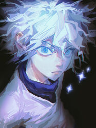 Rule 34 | 1boy, black background, blue eyes, child, corraboar, electricity, from above, highres, hunter x hunter, killua zoldyck, looking at viewer, male focus, nen (hunter x hunter), shirt, short hair, simple background, solo, upper body, white hair, white shirt