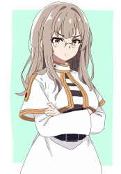 Rule 34 | 1girl, apiss, belt, black belt, breasts, brown eyes, brown hair, capelet, closed mouth, commentary request, cosplay, frieren, frieren (cosplay), futaba rio, glasses, gold trim, highres, looking at viewer, medium breasts, seishun buta yarou, shirt, solo, sousou no frieren, striped clothes, striped shirt, tanezaki atsumi, upper body, v-shaped eyebrows, voice actor connection, white capelet