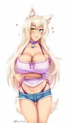 Rule 34 | 1girl, animal ear fluff, animal ears, arms under breasts, artist name, bare shoulders, bell, blue eyes, breasts, casual, cat ears, cat girl, cat tail, choker, cleavage, coconut (nekopara), collarbone, come hither, commentary, cowboy shot, cutoffs, gluteal fold, hair between eyes, heart, heterochromia, highres, jingle bell, large breasts, long hair, looking at viewer, micro shorts, neck bell, nekopara, panties, platinum blonde hair, purple choker, purple panties, shorts, side-tie panties, simple background, slit pupils, smile, solo, tail, thigh gap, thighs, twitter username, twrlare, underwear, very long hair, whale tail (clothing), white background, yellow eyes