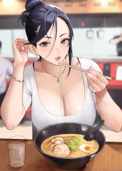 Rule 34 | 1girl, absurdres, blue hair, blurry, blurry background, bracelet, breasts, chair, chopsticks, cleavage, cup, drinking glass, earrings, egg (food), food, hair bun, hardboiled egg, highres, jewelry, large breasts, mature female, mole, mole on breast, necklace, noodles, original, ramen, restaurant, sidelocks, spoon, swept bangs, table, water, yoshio (55level)
