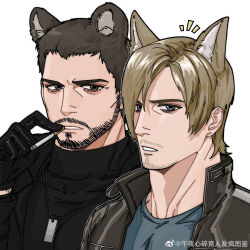 Rule 34 | 2boys, alternate facial hair, animal ears, bao (bobobao21), bara, bear ears, beard, brown hair, chris redfield, cigarette, dog tags, facial hair, fox ears, frown, highres, holding, holding cigarette, kemonomimi mode, large pectorals, leon s. kennedy, looking at viewer, male focus, mature male, multiple boys, muscular, muscular male, mustache, pectorals, resident evil, resident evil 4, resident evil 4 (remake), short hair, stubble, thick eyebrows, upper body, yaoi