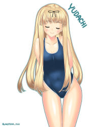 Rule 34 | 1girl, absurdres, arms behind back, black ribbon, blonde hair, blue one-piece swimsuit, breasts, character name, collarbone, competition swimsuit, cowboy shot, closed eyes, hair ribbon, highres, kantai collection, leaning forward, long hair, looking at viewer, notchi, one-piece swimsuit, ribbon, simple background, small breasts, smile, solo, straight hair, swimsuit, thigh gap, twitter username, white background, yuudachi (kancolle)