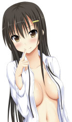 Rule 34 | 1girl, black hair, blush, breasts, brown eyes, collared shirt, dress shirt, finger to mouth, hair between eyes, hair ornament, hairclip, long hair, looking at viewer, medium breasts, no bra, open clothes, open shirt, original, shake (ferit3), shirt, simple background, smile, solo, upper body, yellow eyes