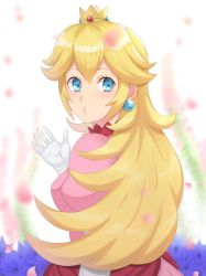 Rule 34 | 1girl, blonde hair, blue eyes, blush, breasts, cherry blossoms, crown, dress, earrings, elbow gloves, eyelashes, from side, gloves, haniwa (8241427), highres, jewelry, lips, long hair, looking at viewer, looking to the side, mario (series), medium breasts, nintendo, open hand, open mouth, parted lips, petals, pink dress, pink lips, princess, princess peach, puffy short sleeves, puffy sleeves, short sleeves, solo, super mario bros. 1, upper body, white background, white gloves