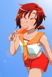Rule 34 | 1girl, blouse, breasts, colored eyelashes, commentary request, eating, food, graphite (medium), highres, hino akane (smile precure!), looking at viewer, medium hair, millipen (medium), onnaski, open mouth, popsicle, precure, school uniform, shirt, short hair, short shorts, shorts, sleeveless, sleeveless shirt, small breasts, smile precure!, solo, stomach, traditional media, white shirt