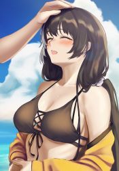Rule 34 | 1girl, 3 small spiders, absurdres, bikini, bikini top only, black bikini, black hair, closed eyes, clothes pull, cloud, front-tie bikini top, front-tie top, girls&#039; frontline, hair ornament, hair scrunchie, hand on another&#039;s head, headpat, highres, jacket, jacket pull, long hair, low twintails, multicolored hair, ocean, off shoulder, open clothes, open jacket, out of frame, own hands together, ro635 (girls&#039; frontline), scrunchie, smile, streaked hair, swimsuit, twintails, upper body, white hair, yellow jacket