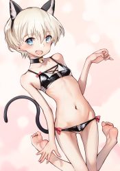 Rule 34 | 1girl, animal ears, barefoot, bell, neck bell, blonde hair, blue eyes, breasts, cat ears, cat tail, choker, fake animal ears, feet, female focus, highres, kabayaki namazu, kantai collection, navel, short hair, skinny, small breasts, soles, solo, tail, thigh gap, toes, z1 leberecht maass (kancolle)