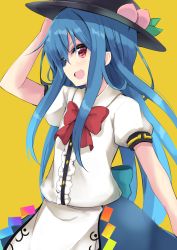 Rule 34 | 1girl, :d, absurdres, amano kouki, arm up, black hat, blue hair, bow, bowtie, buttons, commentary request, cowboy shot, dress, food, fruit, hand on headwear, hat, highres, hinanawi tenshi, long hair, looking at viewer, open mouth, peach, puffy short sleeves, puffy sleeves, red bow, red bowtie, red eyes, short sleeves, sidelocks, simple background, smile, solo, touhou, yellow background