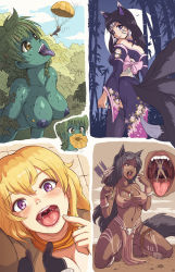 Rule 34 | 4girls, absurdres, blonde hair, colored skin, dark-skinned female, dark skin, drayla, dryad, fox girl, fox tail, giant, giantess, green hair, green skin, highres, imminent vore, japanese clothes, karbo, kitsune, loincloth, looking at viewer, looking back, multiple girls, open mouth, saliva, smile, tail, uvula, vore