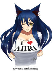 Rule 34 | 1girl, ahri (league of legends), animal ears, blue hair, blush, breasts, character name, cleavage, clothes pull, clothes writing, fox ears, heart, large breasts, league of legends, long hair, off shoulder, one eye closed, shirt, shirt pull, smile, solo, t-shirt, tonnelee, wink, yellow eyes
