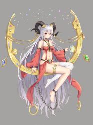 Rule 34 | 1girl, absurdly long hair, anklet, bare legs, bare shoulders, barefoot, black choker, breasts, chain, choker, curled horns, detached sleeves, dress, full body, grey background, highres, hokori sakuni, horns, jewelry, long hair, long sleeves, looking at viewer, medium breasts, midriff, nail polish, navel, no shoes, original, parted lips, pelvic curtain, red dress, red eyes, revealing clothes, sidelocks, silver hair, simple background, single thighhigh, sitting, skindentation, solo, star (symbol), stomach, thighhighs, thighs, very long hair, white thighhighs, wide sleeves