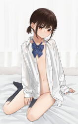 Rule 34 | 1girl, akipeko, bad id, bad twitter id, bed sheet, black hair, black socks, blue bow, blue bowtie, blunt bangs, bow, bowtie, brown eyes, closed mouth, collared shirt, commentary request, flat chest, highres, long sleeves, looking at viewer, loose bowtie, naked shirt, navel, no bra, no panties, on bed, open clothes, open shirt, original, shirt, short ponytail, sitting, socks, solo, white shirt, yokozuwari
