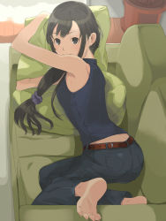 Rule 34 | 1girl, armpits, ass, bad id, bad pixiv id, barefoot, black eyes, black hair, couch, denim, feet, green upholstery, highres, jeans, long hair, looking back, lying, hugging object, olg, original, pants, pillow, pillow hug, ponytail, sleeveless, smile, solo